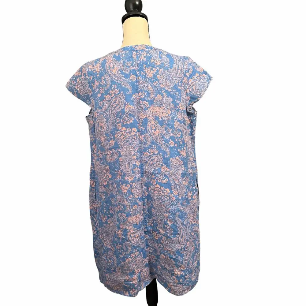 J. Jill Love Linen Wmns Blue Linen Pink Floral Shift Dress Sz M Vacation Summer